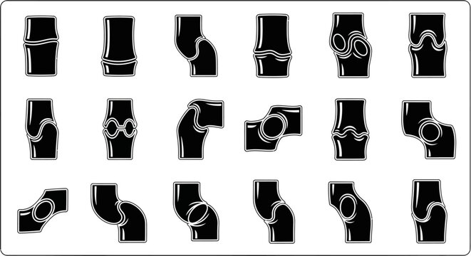 Black and white pipe fitting icons, plumbing symbols set, 20 pipe connection elements, vector plumbing signs