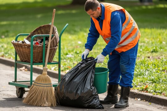Worker Collecting Trash in Green Urban Park