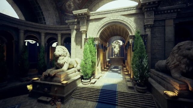 Neoclassical lobby with central aisle and layered arches. Symmetrical layout includes lion statues, plush runner and dappled light pouring through upper