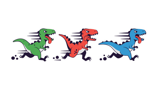 Speedy cartoon dinosaurs running. Green, red, and blue T-Rex characters. Playful prehistoric animal race.