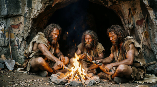 Three prehistoric cavemen dressed in animal furs sit around a crackling fire inside a rocky shelter with cave paintings, carving stone tools in a scene of primitive survival and community.
