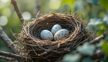 Fototapeta premium Bird Nest on Tree Branch with Natural Light