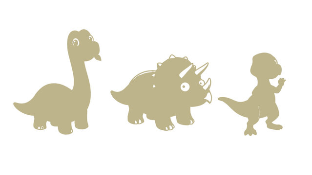 Three cartoon dinosaurs silhouettes on a white background, including a long neck, a triceratops, and a T-Rex.