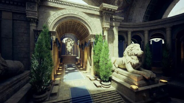 sunlit marble arcade with lion statue and evergreen planters, ornate vaulted ceiling casting patterned shadows along carpeted pathway toward distant arch
