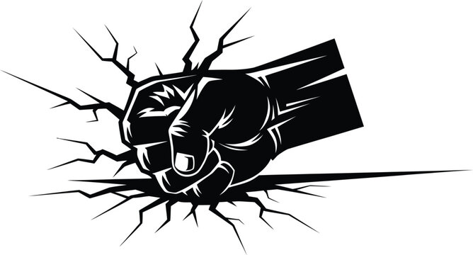 Black fist breaking through cracked surface cracking impact