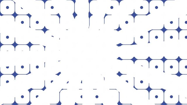 Abstract geometric pattern with blue shapes and dots on a white background.