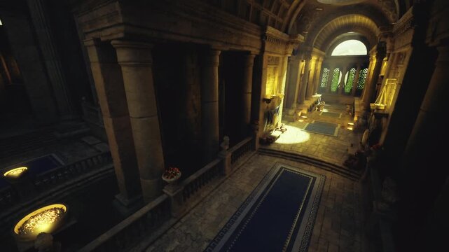perspective view down marble aisle toward sunlit court with arched portal, blue runners and column rhythm creating depth, warm light at horizon promising open