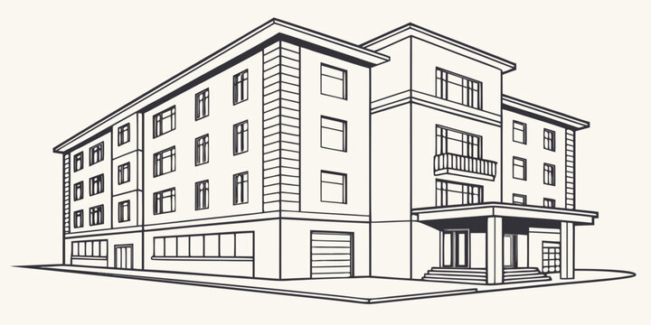Line drawing of a multi-story building featuring a commercial ground floor and residential upper levels line art real estate building facade