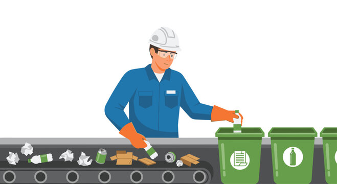 A male factory worker in a white hard hat sorts plastic bottles from a moving conveyor belt into green recycling bins in a modern facility.