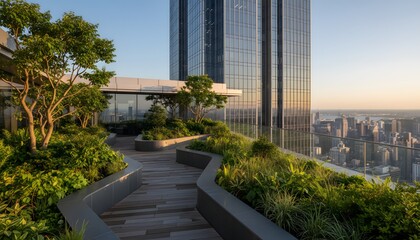 Naklejka premium Modern sustainable roof garden and skyscraper architecture at sunset for eco-friendly urban living concept, showcasing lush greenery and city skyline views