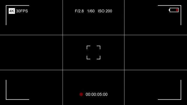 Camera Recorder Screen Overlay with Rule of Thirds Grid, Alpha Channel on Transparent Background, Viewfinder Interface, Recording Timer, Settings Display