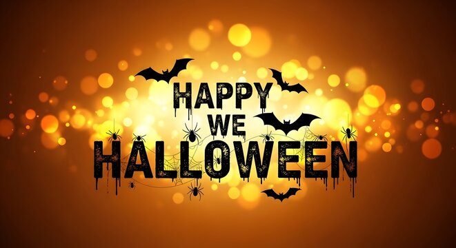 Happy halloween text with dripping effect and spider web decorations against a glowing orange bokeh background