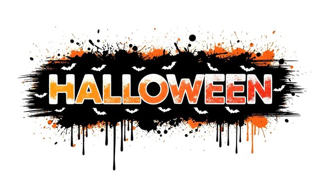 Halloween text design with black and orange paint splatter effect and small bat silhouettes
