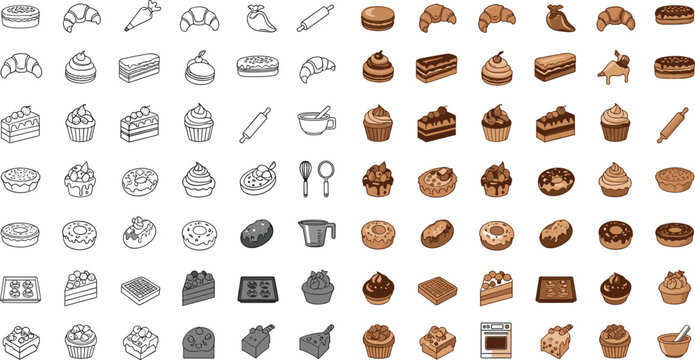 Bakery food icons mega set with pastries cakes bread donuts desserts collection detailed sweet and savory vector illustration pack