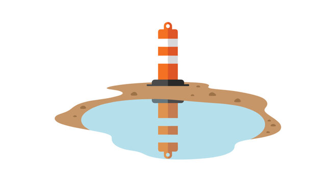 An orange and white traffic delineator post stands upright in a shallow puddle of water with a clear reflection visible on the wet surface in daylight.
