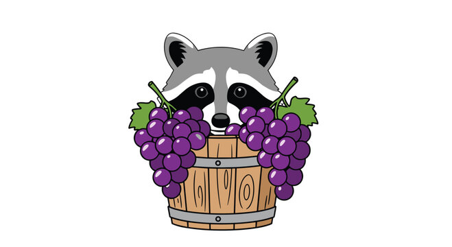 A cartoon raccoon peeks over the rim of a rustic wooden barrel filled with fresh purple grapes set against a clean and minimalist white background with flat lighting.