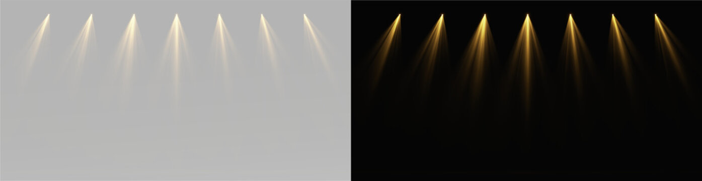 Light Beams of Golden Spotlights and Warm Stage Illuminators Array for Grand Performance and Professional Event Presentation Backdrops png