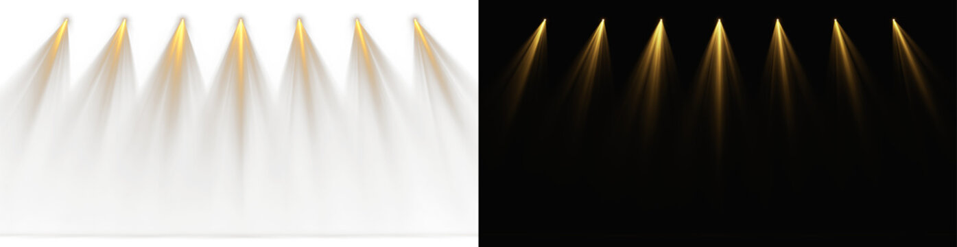 Light Beams of Golden Spotlights and Warm Stage Illuminators Array for Grand Performance and Professional Event Presentation Backdrops png