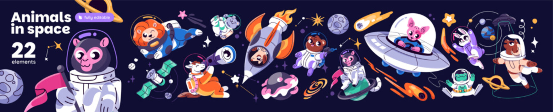 Set of animal astronauts in outer space. Cute spacemen on background of cosmos with planets, asteroids and rockets. Funny cosmonauts in spacesuits and spaceships. Flat isolated vector illustrations