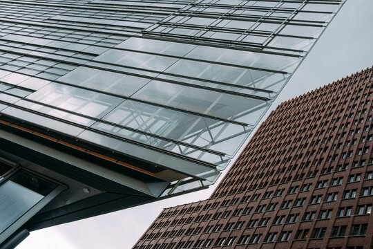 Modern architecture at Potsdamer Platz shows office building facade and glass reflection within the urban Berlin Germany center scene