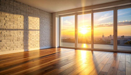 Fototapeta premium Empty Room with Stunning Sunset View Through Large Windows.