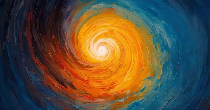 Vibrant spiral vortex swirl of oil paint with textured brushstroke motion and abstract colorful contrast, swirling ocean wave and emotive seascape composition blue and orange tones conveying dynamic