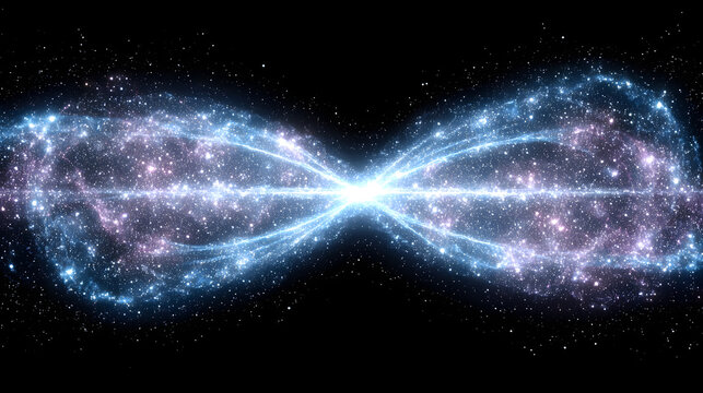 Quantum entanglement abstract visualization energy light symmetry galaxy luminous wave connection forming infinite loop across cosmic space with glowing particle field and vibrant color motion