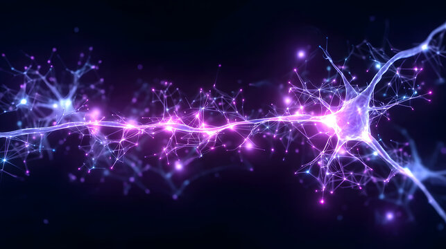 Neural synapse neuron brain network connection signal electricity science abstract glowing purple energy links between cells forming digital style communication pattern in dark background