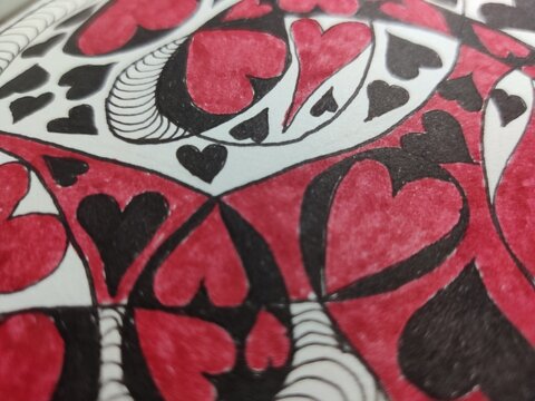Pseudo volumetric abstract pattern with red and black hearts, chaotic romantic composition, macro illustration with depth effect