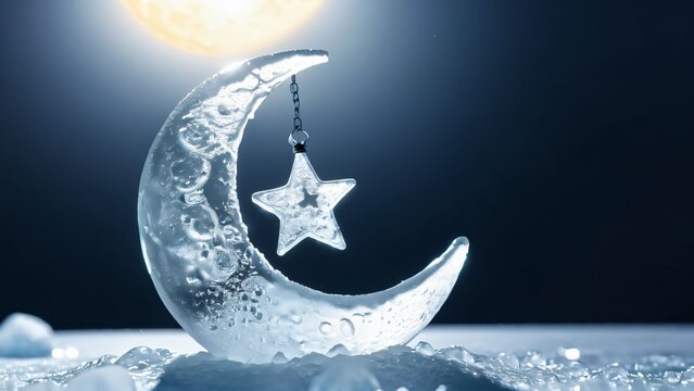 Crescent moon with star on icy surface under moonlight