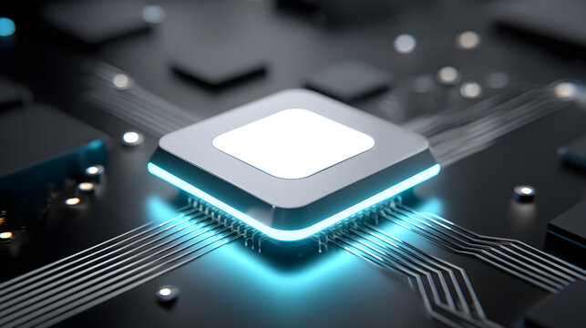 Quantum computer chip processor circuit technology digital data electronic advanced microprocessor with glowing connection and futuristic design showing high speed computing and innovation concept