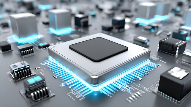 Quantum computer chip processor circuit technology digital data computing futuristic advanced microprocessor with glowing blue connection motherboard, detailed render showing high performance