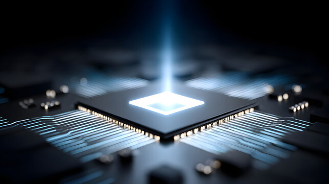 Quantum computer chip processor circuit technology digital glowing light advanced futuristic microchip data flow computing concept abstract blue hardware innovation
