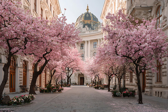 A majestic and sun-drenched European avenue is splendidly framed by a vibrant tunnel of profusely blooming pink cherry blossom trees, gracefully leading the eye towards a grand classical building topp