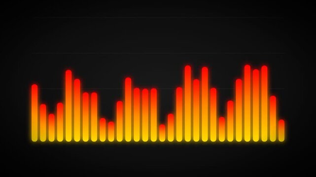 Cinematic motion graphic audio equalizer bars glowing in fiery red and gold on black background for modern media visuals