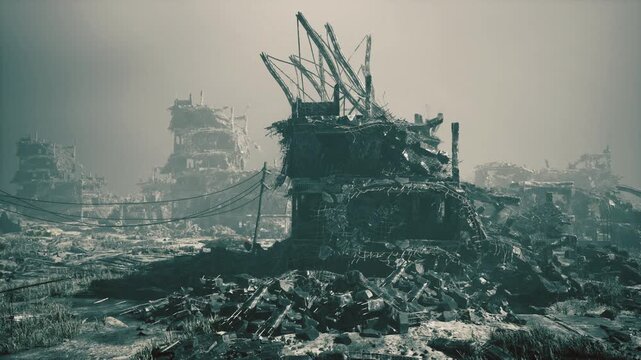 Derelict industrial ship hull in fog, towering rusted superstructure surrounded by scattered metal debris, collapsed cranes and distant silhouettes, muted