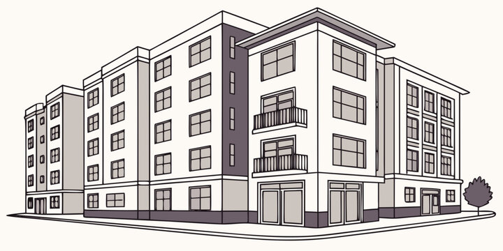 Corner view of a modern apartment building with balconies and storefronts modern architecture residential building urban landscape multi story building complex housing estate exterior