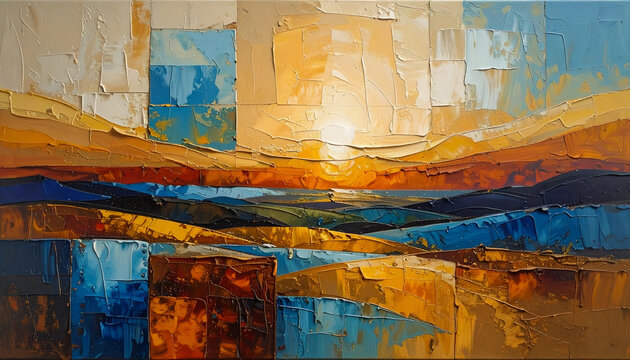 Abstract Oil Painting of a Sunset Over Water with Textured Brushstrokes.