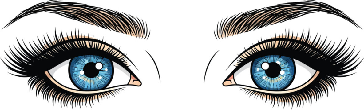 Close-up of two bright blue eyes with long black eyelashes and defined eyebrows on a white background