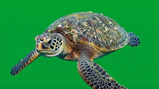 Majestic sea turtle gracefully swimming through a vibrant green background, showcasing its intricate shell and flippers in a captivating scene