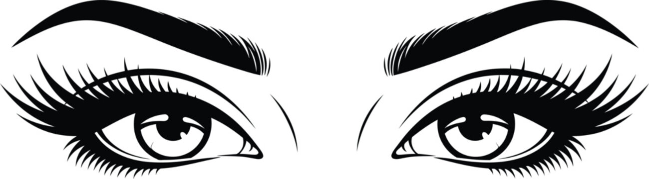 Close-up of woman's eyes with long eyelashes and thick eyebrows, black and white