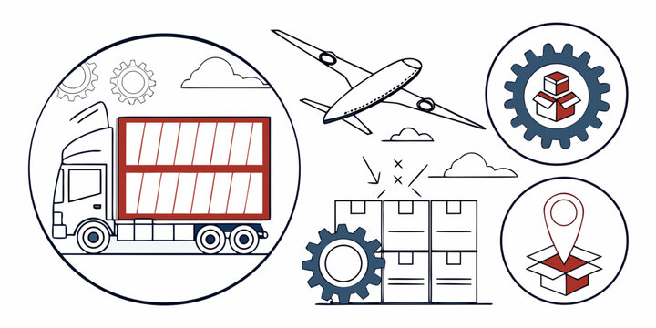 Cargo truck with shipping container and delivery icons airplane boxes gears supply chain logistics delivery transportation shipping airplane location warehouse movement tracking commerce