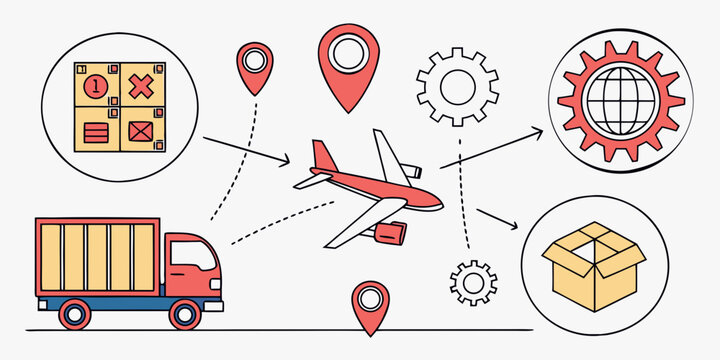 Airplane and truck logistics with package delivery icons gears location pins supply chain logistics delivery transportation shipping airplane location warehouse movement tracking commerce