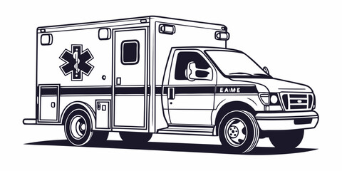 Ambulance vehicle line art illustration with aid car medical transport emergency vehicle ground transport road vehicle utility vehicle emergency services transport graphic health illustration © AD