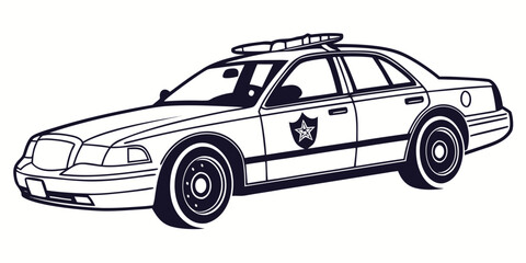 Line art illustration of a police patrol car with siren lights on top viewed from the side law enforcement white background crime fighting traffic control public safety government vehicle © AD