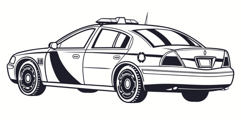 Outline illustration of a police car with a distinctive stripe design shown from a three-quarter rear view patrol car law enforcement white background crime fighting traffic control automotive © AD