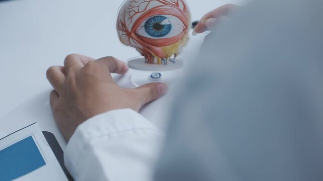 Doctors discuss eye health using an anatomical eye model during a medical consultation, reviewing documents and explaining details on a desk.
