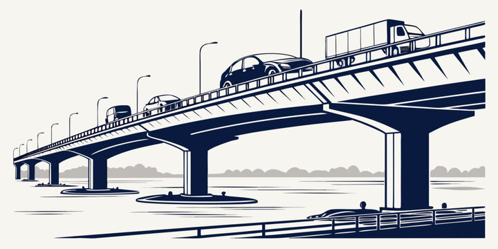 Traffic on a wide bridge over water with black and white line art car traffic transport infrastructure construction engineering architecture transportation overpass cityscape vehicles