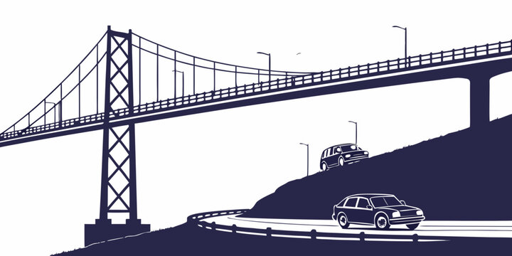 Suspension bridge with cars driving on a winding road approaching the structure on a hill white background dark blue transport infrastructure architecture engineering silhouette illustration