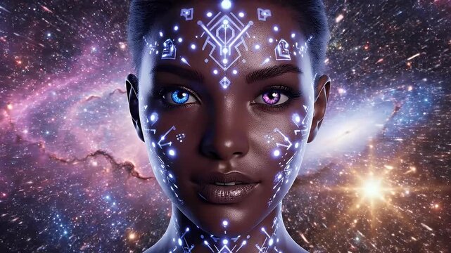 A captivating portrait of a woman with futuristic, glowing circuitry patterns adorning her face, set against a vibrant and swirling cosmic nebula background.